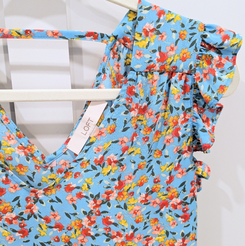 LOFT Floral Blue Flutter Sleeve Blouse
